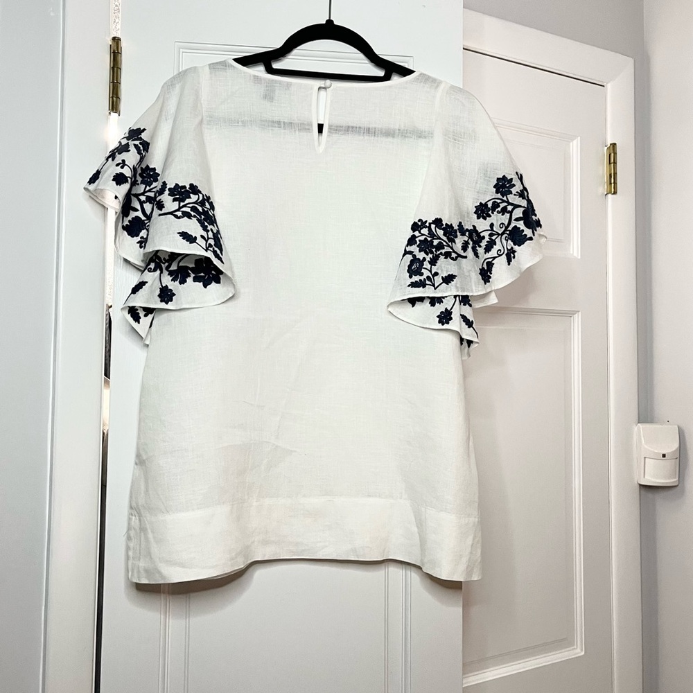 J. Crew White Linen Blouse with Blue Floral Embroidery - Picture 4 of 6